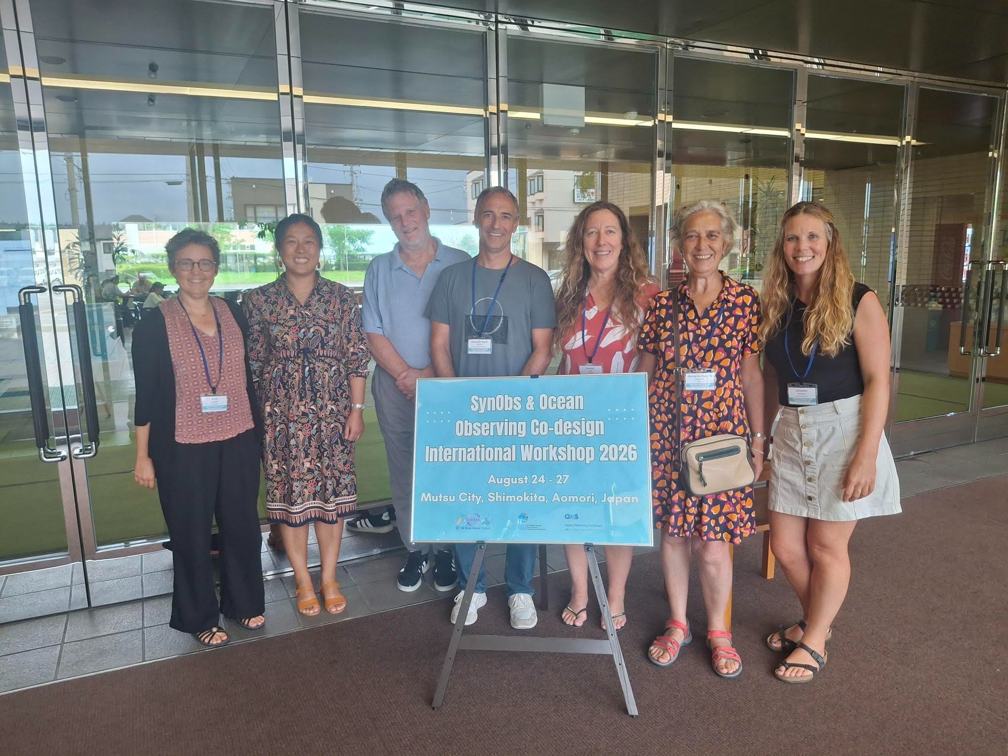 CLIVAR members at the SynObs Co-Design workshop in Japan: Elisabeth Remy (Mercator Ocean International), Chunxue Yang (GSOP member and MER-EP Co-chair), Andrew Peterson (GSOP member), Romaine Bourdalle-Badie (GSOP member and MER-EP Co-chair), Juliet Hermes (CLIVAR SSG, CLIVAR MHWs RF member, and Marine Heatwaves Exemplar Co-design co-chair), Magdalena Balmaseda (CLIVAR SSG and SynObs member), Amandine Schaeffer (MHWs RF member and Marine Heatwaves Exemplar Co-design co-chair)
